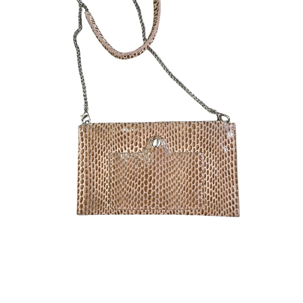 Sorial Snakeskin Embossed Leather Crossbody Pouch Tan Beige Silver Chain Strap
